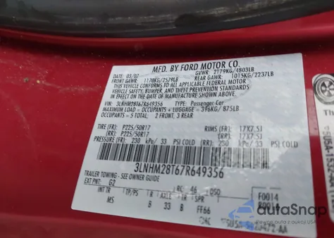 2007 Lincoln Mkz z USA, uszkodzony, nr VIN 3LNHM28T67R649356